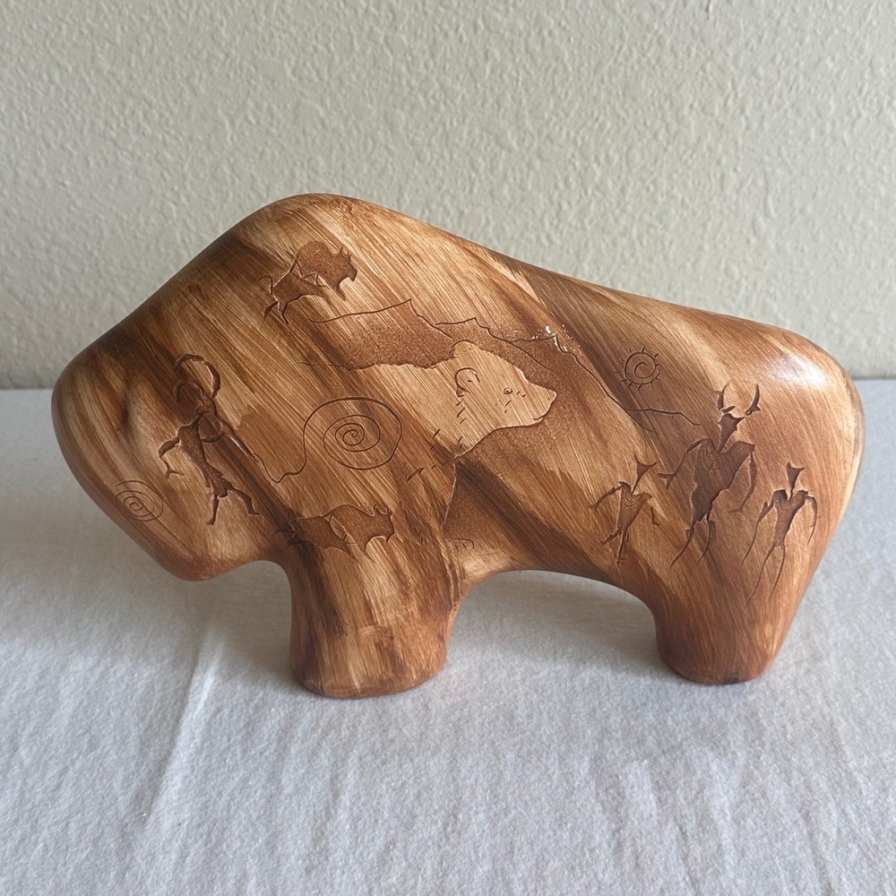 Southwestern Ceramic Bison Buffalo Figurine Petroglyph Etched Wood Grain Finish